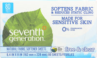 SEVENTH GENERATION: Natural Fabric Softener Sheets Free & Clear, 80 Sheets