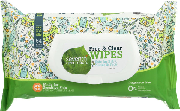 SEVENTH GENERATION: Free and Clear Wipes Unscented, 64 Wipes